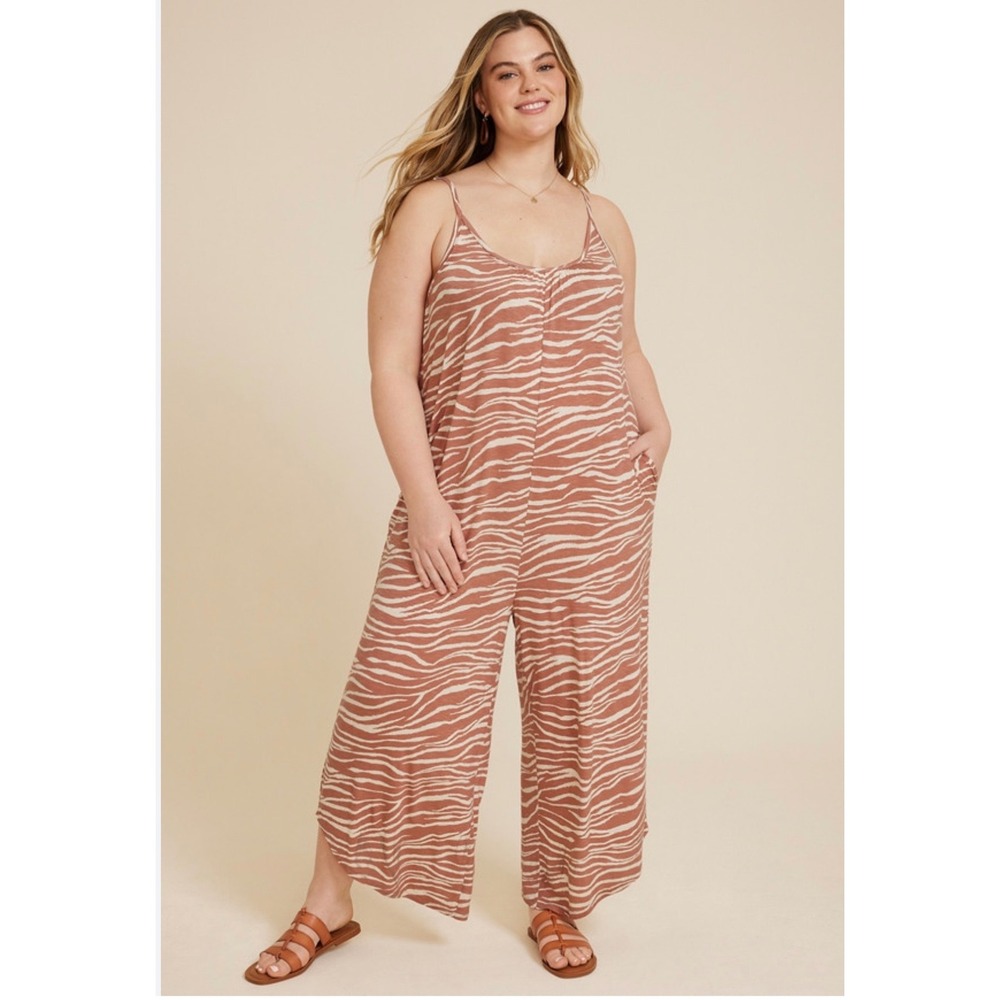 Maurices Zebra Print Jumpsuit Womens 2X Terracotta Brown Excellent Wide Leg Boho